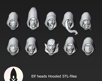 10 hooded elf heads STL-files for 28mm miniatures / Fantasy tabletop gaming