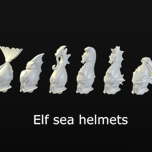 Könnte beinhalten: Eine Reihe weißer Elfenseehelme mit verschiedenen aquatischen Designs, darunter Flossen und fließende Elemente. Die Helme sind in einer Reihe vor einem dunklen Hintergrund angeordnet. Der Text unten lautet "Elf sea helmets."
