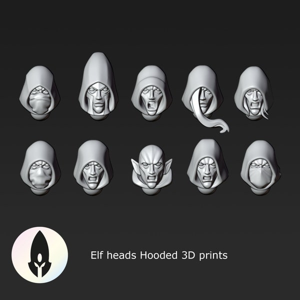 Elf hooded heads 28mm miniatures / wargaming models / Fantasy tabletop gaming 3D prints