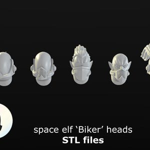 Puede incluir: Cinco cabezas grises de 'Biker' elfo espacial en varios diseños. Las cabezas están dispuestas en fila sobre un fondo oscuro. El texto 'space elf 'Biker' heads STL files' se muestra debajo de un logotipo.