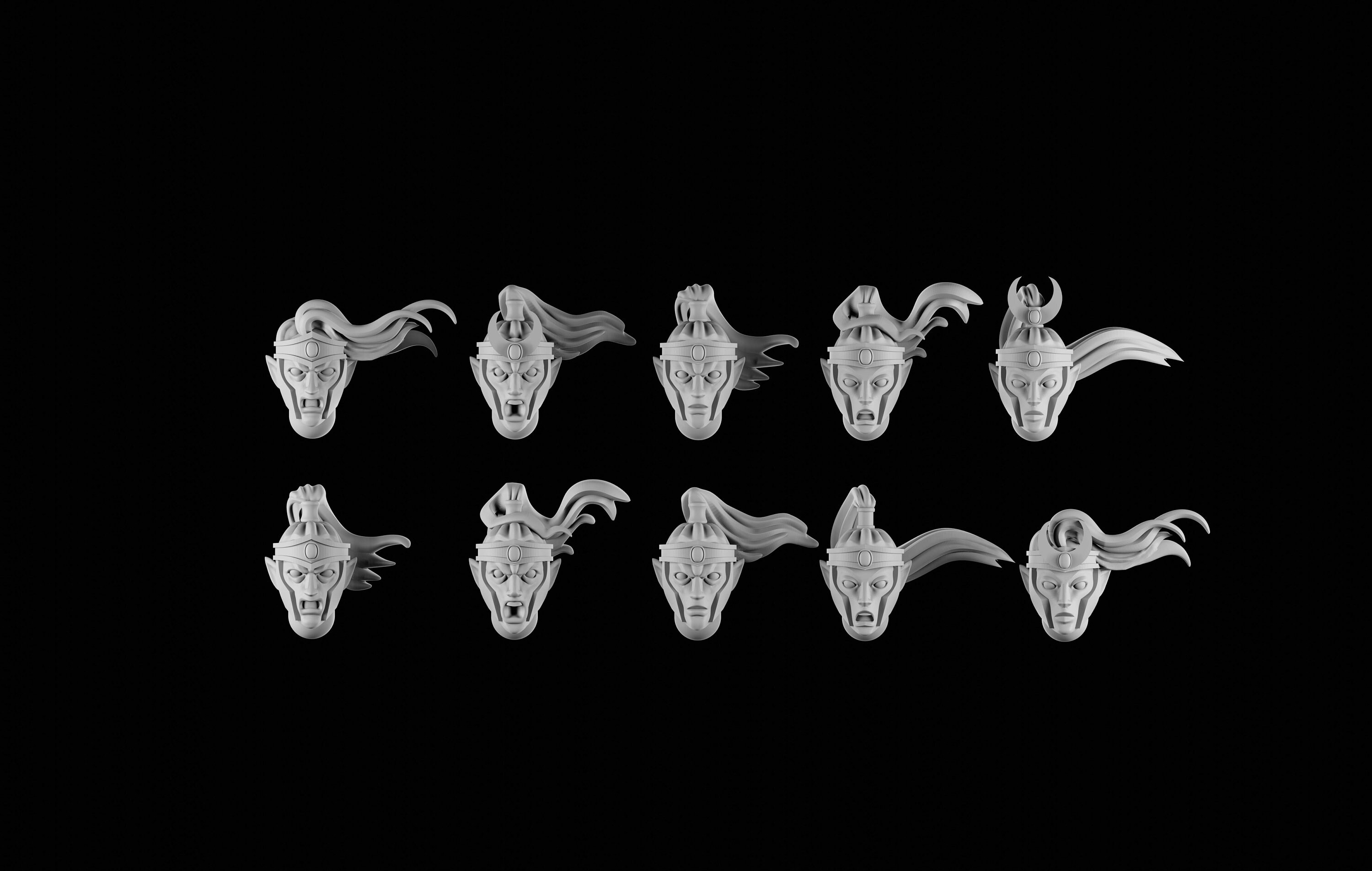 10 elf heads with visors STL-files for 28mm miniatures / Fantasy tabletop gaming
