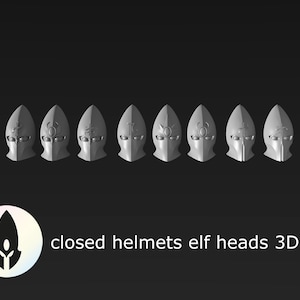 8 closed helmets elf heads 3D prints for 28mm miniatures / Fantasy tabletop gaming