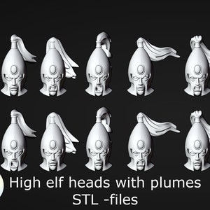 Elf helmets with plumes 28mm miniatures / wargaming models / Fantasy tabletop gaming  STL files