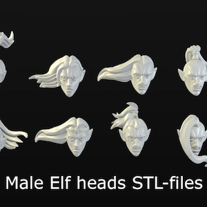 28 mm ミニチュア用男性エルフの頭部 8 個 STL ファイル / ファンタジー テーブルトップ ゲーム