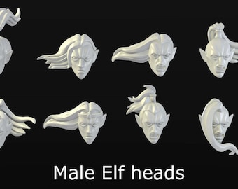 8 male bare elf heads STL-files for 28mm miniatures / Fantasy tabletop gaming