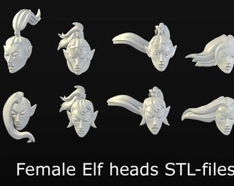 8 female bare elf heads STL-files for 28mm miniatures / Fantasy tabletop gaming