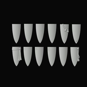 May include: A collection of ten gray, shield-shaped objects, each with a pointed bottom and a rounded top. Some shields feature decorative elements like fabric, symbols, and jewelry. The shields are arranged against a black background.