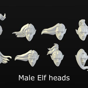 Op de afbeelding: Acht witte, gestileerde mannelijke elfenkoppen met verschillende kapsels worden getoond tegen een donkere achtergrond. De tekst "Male Elf heads" staat onderaan de afbeelding. De hoofden hebben puntige oren en serieuze uitdrukkingen.