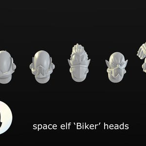 May include: Five gray space elf 'Biker' heads are displayed against a dark background. Each head has a unique design, including helmets and masks. The text 'space elf 'Biker' heads' is visible below the heads, along with a logo.