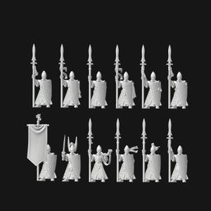 May include: A collection of miniature white figurines depicting fantasy warriors. Each figure is holding a spear and shield, with detailed armor and helmets. Some figures have banners. The figures are arranged in rows against a dark background.