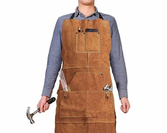 Leather Work Shop Apron Adjustable with 6 Tool Pockets Men & Women (Brown)