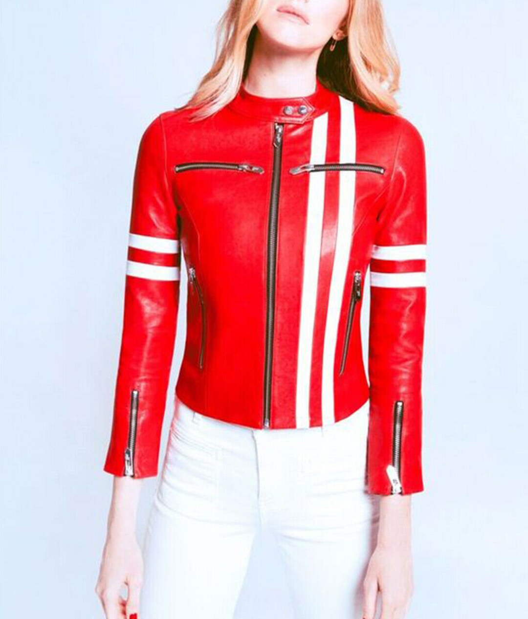 Striped Red White Women Leather Jacket Women Leather Biker - Etsy