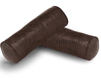 Set Of 2 Genuine Lumbar Leather Rounded Pillow Cover Case