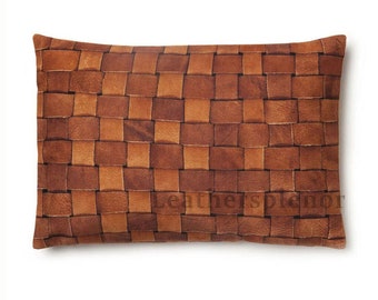 Weaved Real Genuine Leather Handmade Long Lumbar Pillow Case Cover 12 x 22