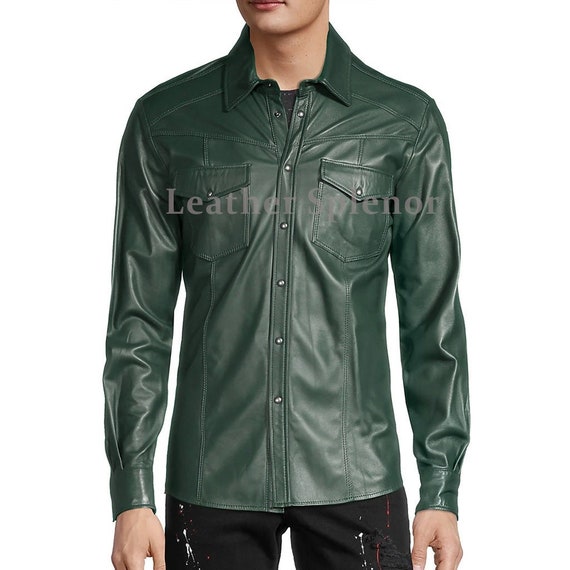 Handmade Men Genuine Leather Shirt Dark Green Men Leather Shirt
