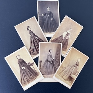 1800s CDV WOMEN PORTRAITS, Set of 6 Sepia Photographs, 1860s Civil War Era Studio Marked, Dated & Named Victorian Carte de Visite Collection