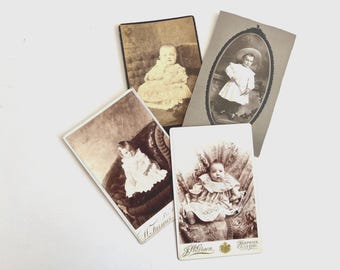 Antique Cabinet Card Baby Photos, Set of 4, Victorian Infant Portraits, Sepia 1890s