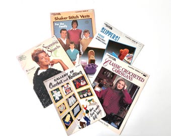 Vintage Knitting Crochet Pattern Booklets, Lot of 5, 1952 to 1990s, Retro Needlecraft