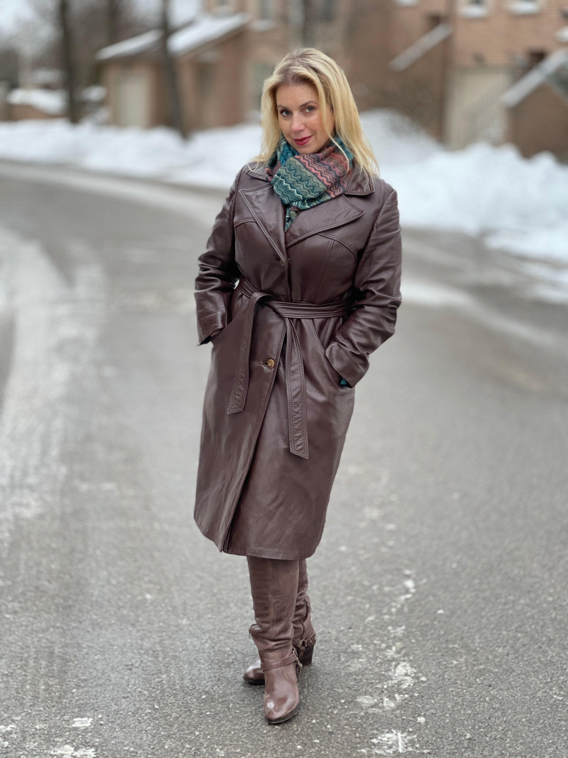 1970s brown long leather trench coat jacket | Etsy