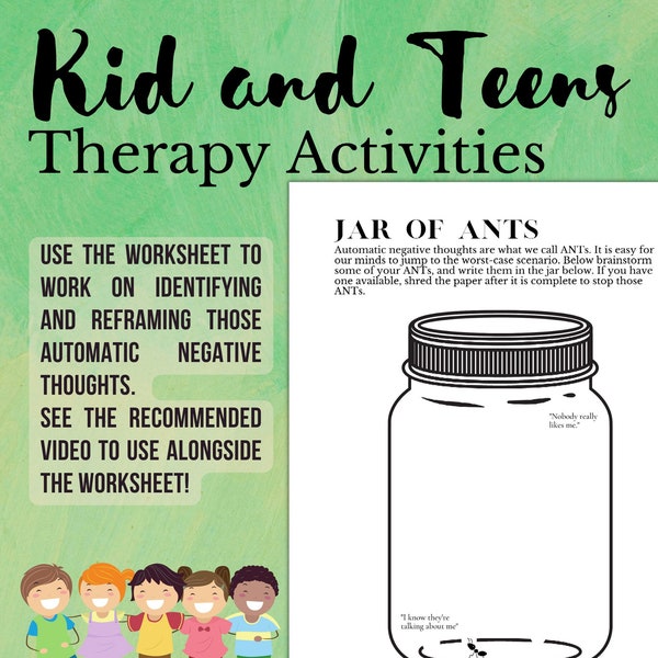 Automatic Negative Thought CBT Worksheet | Jar of ANTs | Therapy Activity for Children and Teens | Play Therapy Instant Download & Printable