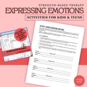 Puede incluir: Una hoja de trabajo imprimible para niños y adolescentes sobre la expresión de emociones. La hoja de trabajo incluye un título, "Expressing Emotions", y una sección titulada "Actividad siete: Expresar emociones". La hoja de trabajo proporciona ejemplos de cómo expresar emociones de una manera saludable.