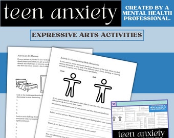 May include: A printable worksheet for teens with anxiety. The worksheet features two activities: Art Therapy and Distinguishing Body Sensations. The worksheet is part of a larger bundle of worksheets for therapists, parents, and teens to identify anxiety triggers, warning signs, and coping skills.