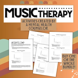 May include: A printable worksheet for music therapy activities. The worksheet has a title "Activity Two: Music Therapy - Mood Playlists" and includes sections for different moods, such as "Calm and Relaxed", "Confident and Empowered", "Sad", "Hopeful and Optimistic", "Angry and Frustrated", "Happy and Energetic", and "Miscellaneous".