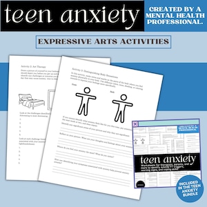 May include: A printable worksheet for teens with anxiety. The worksheet features two activities: Art Therapy and Distinguishing Body Sensations. The worksheet is part of a larger bundle of worksheets for therapists, parents, and teens to identify anxiety triggers, warning signs, and coping skills.
