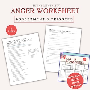 Pode incluir: Uma folha de trabalho imprimível sobre o gerenciamento da raiva para adolescentes e adultos jovens. A folha de trabalho inclui duas páginas, uma para avaliar as habilidades de gerenciamento da raiva e a outra para identificar os gatilhos. A folha de trabalho faz parte de um pacote maior de gerenciamento da raiva.