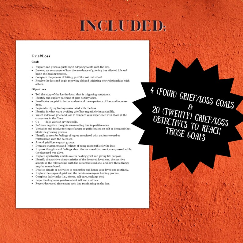 Grief and Loss Therapy Goals Cheat Sheet Copy and Paste Goals