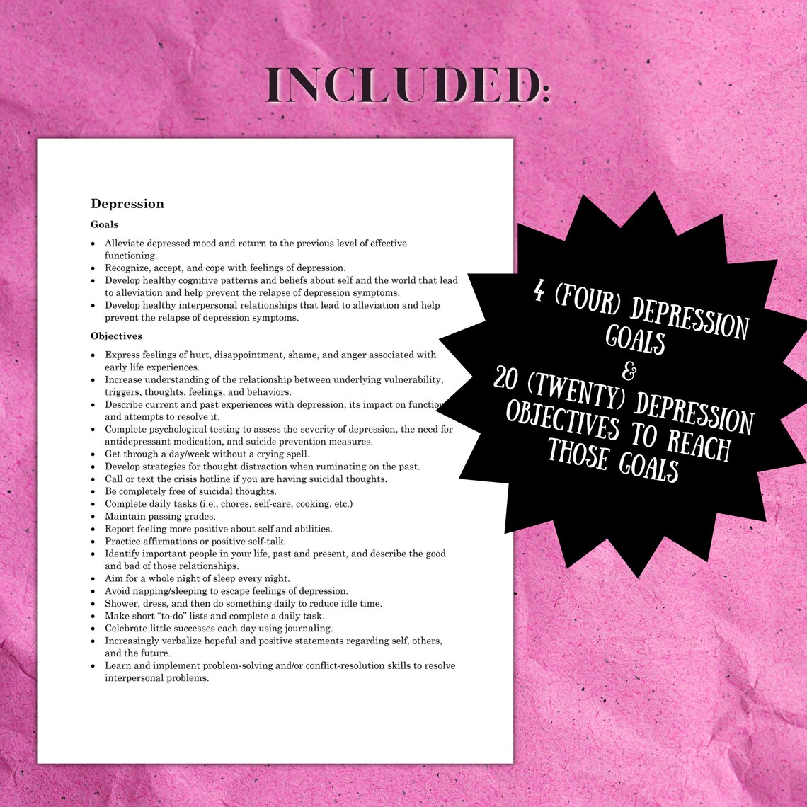 Depression Goals and Interventions Cheat Sheet Therapy Goals