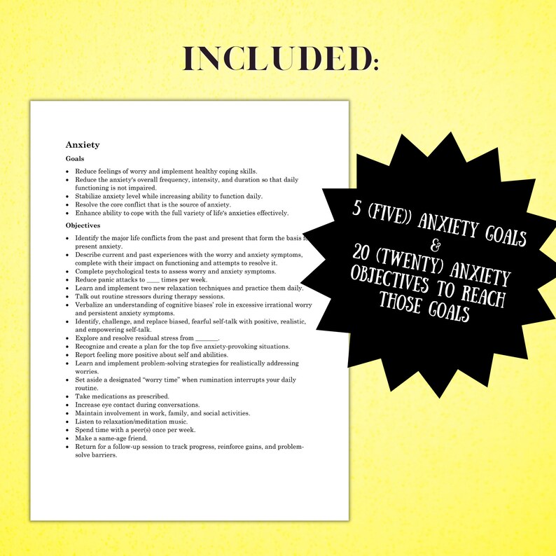 Anxiety Goals Cheat Sheet Therapy Goals & Objectives Desktop Reference