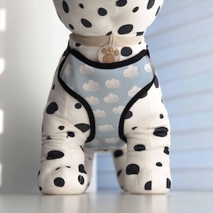 May include: A blue and white dog harness with a cloud pattern. The harness has black trim and is adjustable.