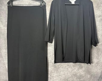 Exclusively Misook Black Knit 2 Piece Cardigan Maxi Skirt Set Women's M Acrylic