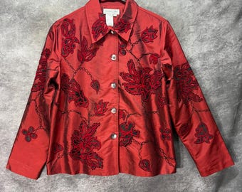 Coldwater Creek Red Seide Floral gestickte Applikation Taste Jacke Größe AM Artsy