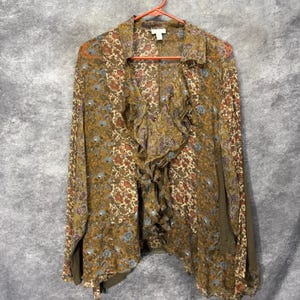 Y2K J. Jill 100% Silk Floral Patchwork Ruffle Front Blouse Size 2X Brown Fairy