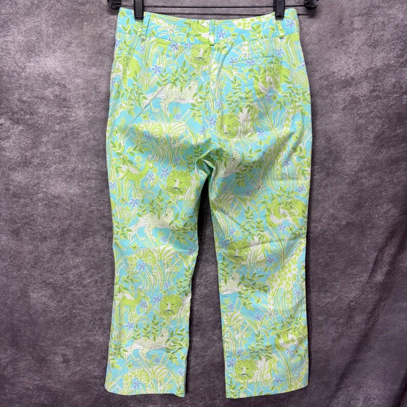 Vintage 90s Lilly Pulitzer Jungle Animals Print Cropped Pants Size 4 Blue Green image 4