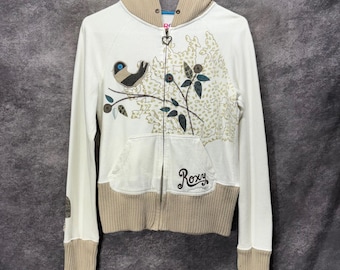 Y2K Roxy Bird Tree Applique Graphic Full Zip Hoodie Dames Maat M Crème Skater