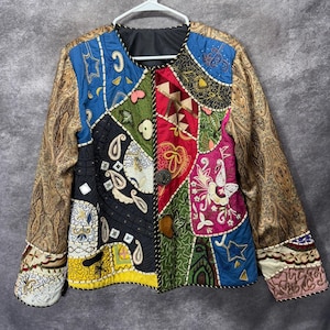 Vintage Patchwork Art To Wear Embroidered Beaded Jacket Size L Paisley Boho