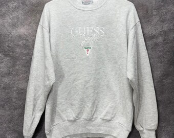 Vintage jaren 90 Guess Jeans-sweater maat XL geborduurd logo grijs gemêleerd