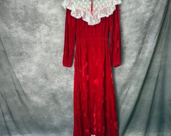 Vintage Red Velvet Maxi Dress Size S White Lace Victorian Christmas Coquette