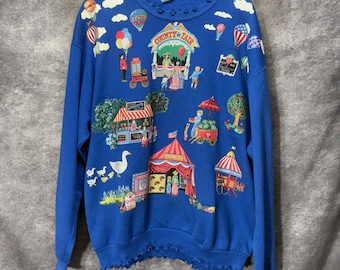 Bluza vintage z falbanką w kolorze niebieskim, z nadrukiem County Fair, rozmiar L, XL, z nadrukiem