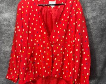 Chaqueta tipo blazer vintage Doncaster 100% seda roja con estampado geométrico para mujer, talla 14, estilo retro y moderno.