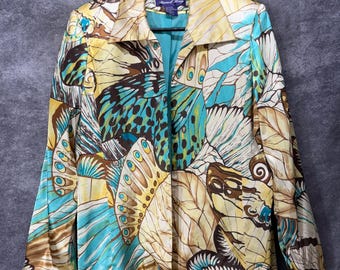 Vintage Russell Kemp 100% Silk Butterfly Print Blazer Jacket Womens 10 Teal Gold