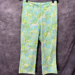 Vintage 90s Lilly Pulitzer Jungle Animals Print Cropped Pants Size 4 Blue Green image 1