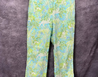Vintage 90s Lilly Pulitzer Jungle Animals Print Cropped Pants Size 4 Blue Green