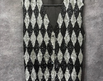Silver Stream Vintage Sequin Harlequin Diamond Vest Mens XL Black Silver XL