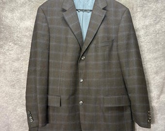 Hugo Boss Scorsese Windowpane Plaid Blazer Jacket Size 46R Brown Blue Wool Union