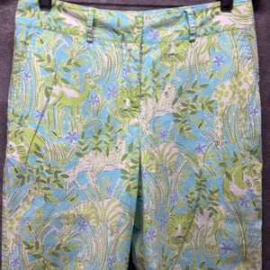 Vintage 90s Lilly Pulitzer Jungle Animals Print Cropped Pants Size 4 Blue Green image 2
