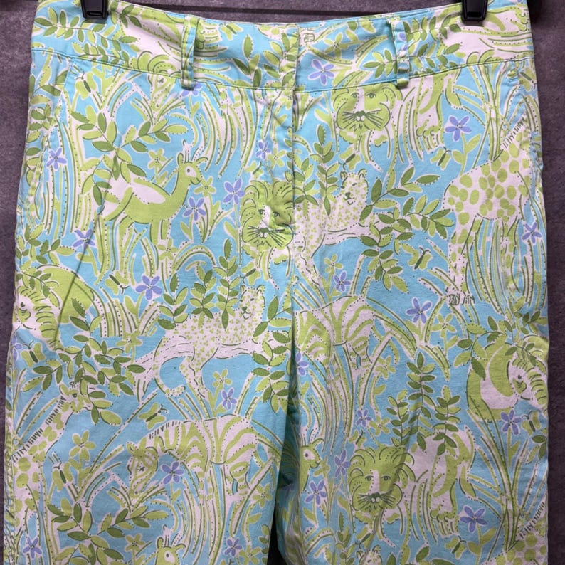 Vintage 90s Lilly Pulitzer Jungle Animals Print Cropped Pants Size 4 Blue Green image 2